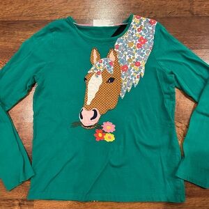 Mini Boden Horse Appliqué Green Shirt Front & Back Graphic Girls 11/12 Large
